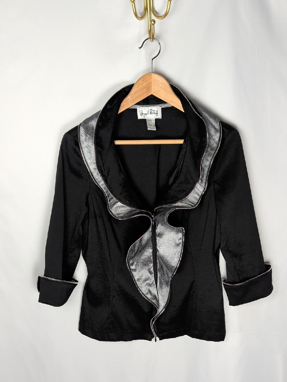 Joseph Ribkoff Vintage Black Zip Front Jacket Silver Ruffle Collar Size 12